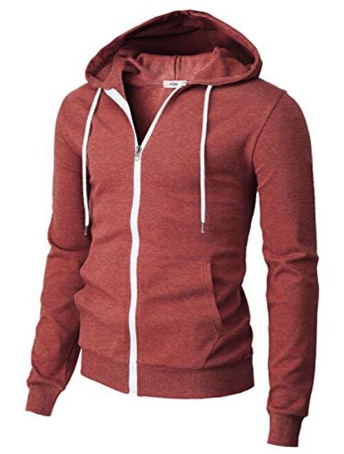 H2H Mens Casual Zip up Hoodie Jacket Double Cotton Lightweight Hooded