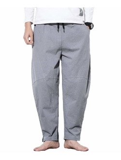 PERDONTOO Men's Linen Cotton Loose Fit Casual Lightweight Elastic Waist Summer Pants