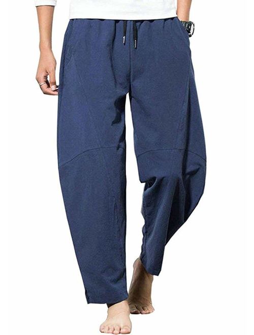 PERDONTOO Men's Linen Cotton Loose Fit Casual Lightweight Elastic Waist Summer Pants