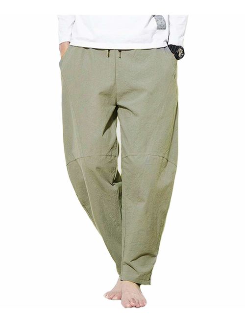 PERDONTOO Men's Linen Cotton Loose Fit Casual Lightweight Elastic Waist Summer Pants