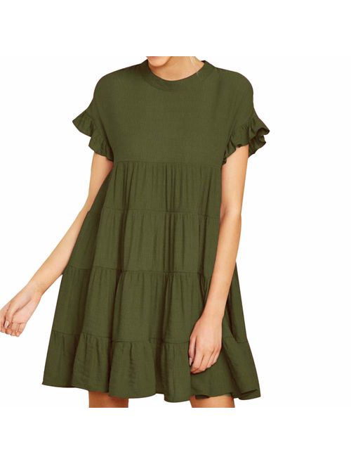 Joteisy Women's O Neck Ruffle Short Sleeve Tiered Casual Mini Dress