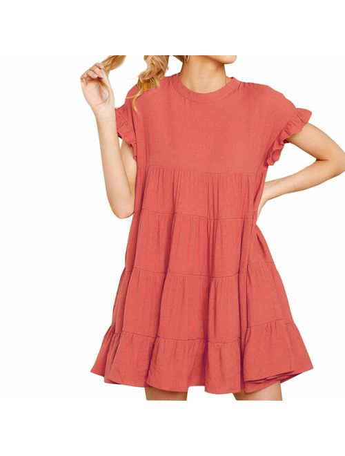 Joteisy Women's O Neck Ruffle Short Sleeve Tiered Casual Mini Dress