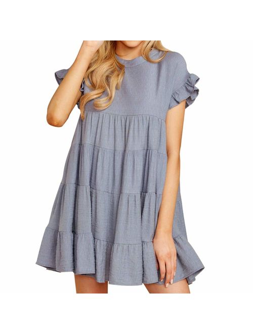 Joteisy Women's O Neck Ruffle Short Sleeve Tiered Casual Mini Dress