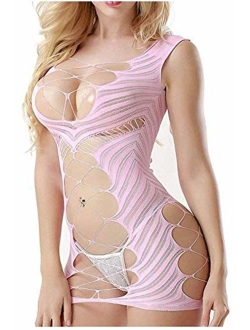 Sexy Lingerie for Women Fishnet Halter Chemise Deep V Hot Mesh Mini Dress Bodysuit