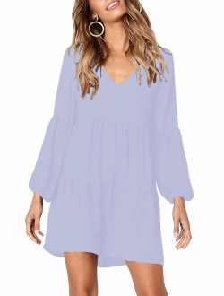 MISSLOOK Women's Short Sleeve Tunic Dress V Neck Ruffle Loose Mini Dress Swing Shift Dresses