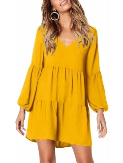 MISSLOOK Women's Short Sleeve Tunic Dress V Neck Ruffle Loose Mini Dress Swing Shift Dresses