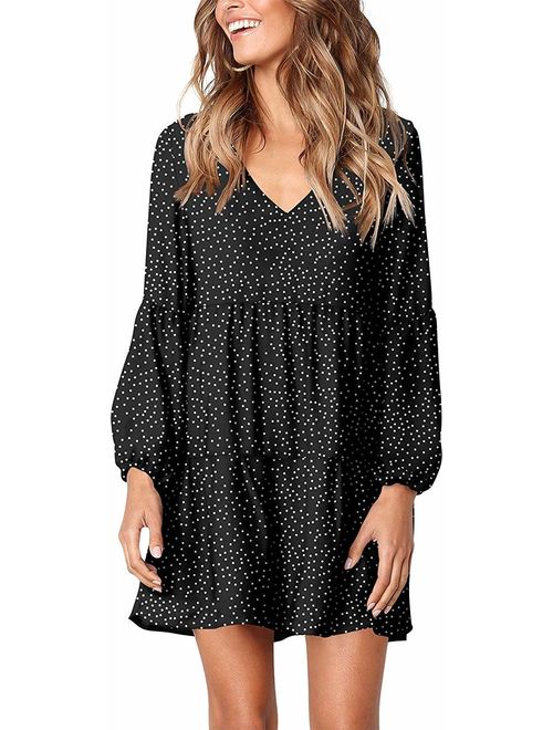 MISSLOOK Women's Short Sleeve Tunic Dress V Neck Ruffle Loose Mini Dress Swing Shift Dresses