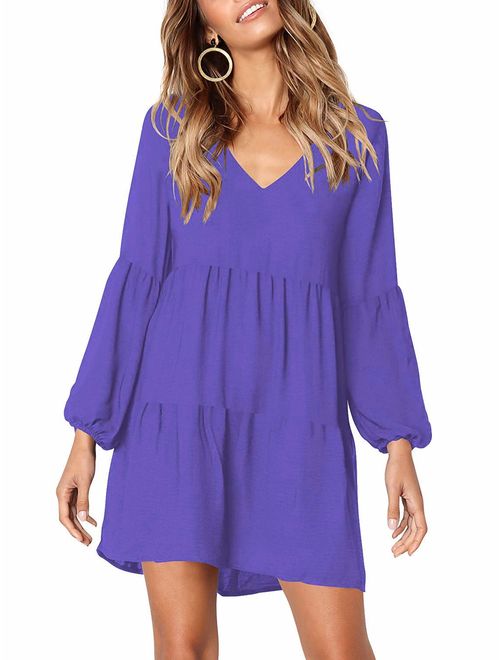 MISSLOOK Women's Short Sleeve Tunic Dress V Neck Ruffle Loose Mini Dress Swing Shift Dresses