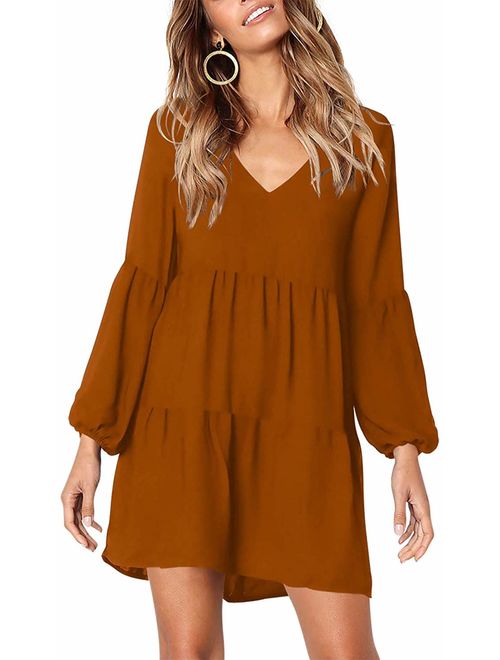 MISSLOOK Women's Short Sleeve Tunic Dress V Neck Ruffle Loose Mini Dress Swing Shift Dresses