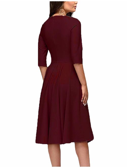 Women's Elegance Audrey Hepburn Style Ruched Dresses Round Neck 3/4 Sleeve Pleated Swing Midi A-line Dress with Pockets