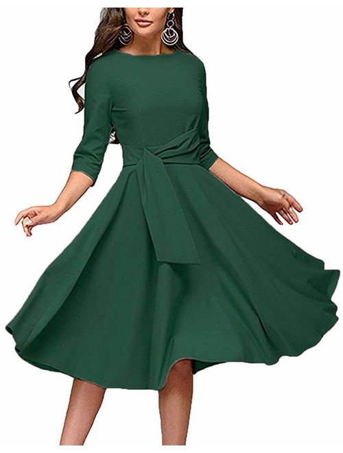 Women's Elegance Audrey Hepburn Style Ruched Dresses Round Neck 3/4 Sleeve Pleated Swing Midi A-line Dress with Pockets