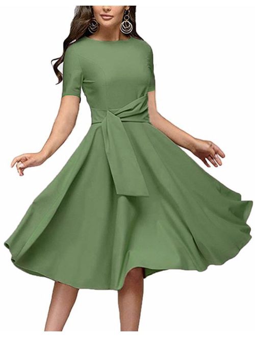 Women's Elegance Audrey Hepburn Style Ruched Dresses Round Neck 3/4 Sleeve Pleated Swing Midi A-line Dress with Pockets