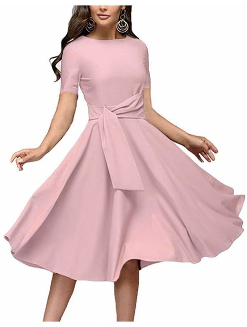 Women's Elegance Audrey Hepburn Style Ruched Dresses Round Neck 3/4 Sleeve Pleated Swing Midi A-line Dress with Pockets