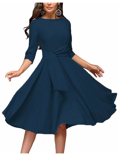 Women's Elegance Audrey Hepburn Style Ruched Dresses Round Neck 3/4 Sleeve Pleated Swing Midi A-line Dress with Pockets