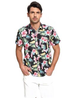 Men's Hawaiian Short Sleeve Shirt- MCEDAR Aloha Flower Print Casual Button Down Standard Fit Beach Shirts