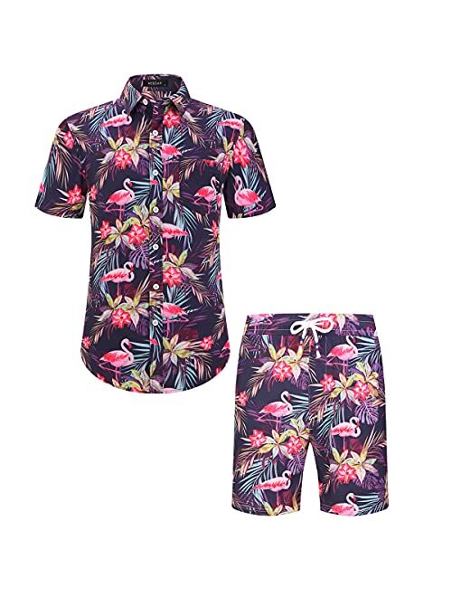 Men's Hawaiian Short Sleeve Shirt- MCEDAR Aloha Flower Print Casual Button Down Standard Fit Beach Shirts