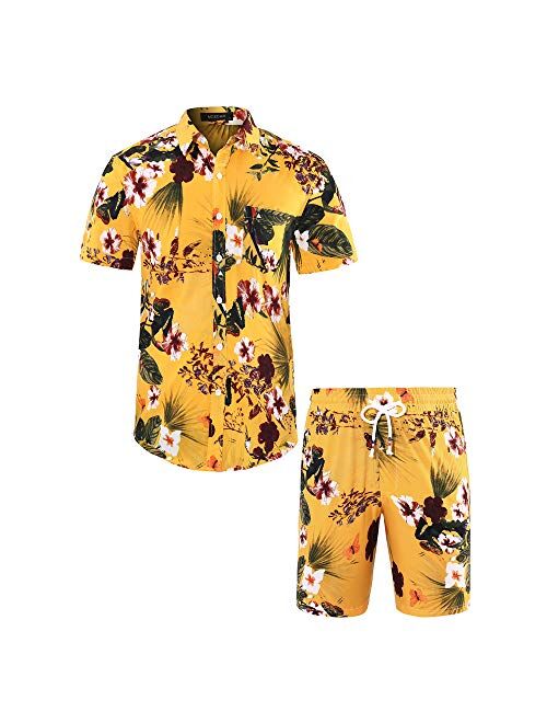 Men's Hawaiian Short Sleeve Shirt- MCEDAR Aloha Flower Print Casual Button Down Standard Fit Beach Shirts