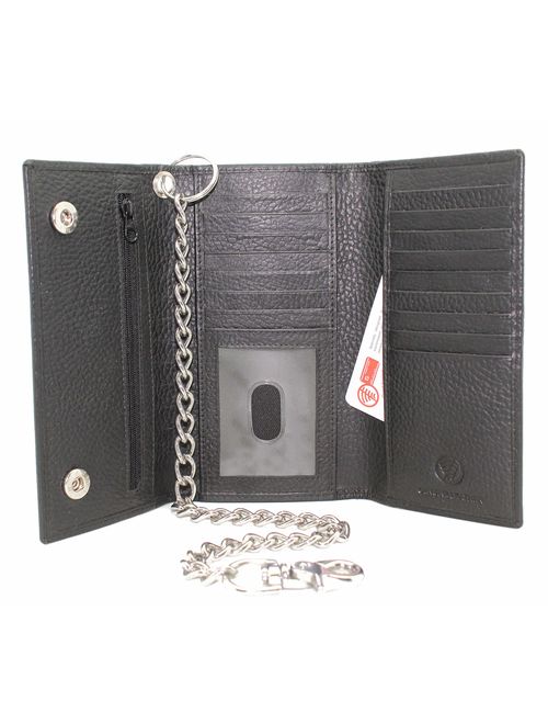 Biker Trucker's R.F.I.D Safe Leather Black Long Checkbook Ti-Fold Chain Wallet Snake Texture 18'.0 Stainless 212 chain