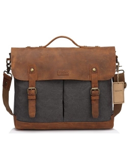 Leather Canvas Messenger Bag for Men and Women 15.6 inch Laptop Vintage Satchel Business Briefcase Shoulder Bag