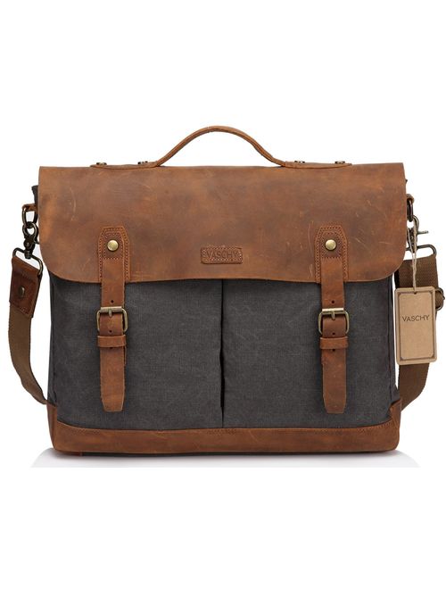 Leather Canvas Messenger Bag for Men and Women 15.6 inch Laptop Vintage Satchel Business Briefcase Shoulder Bag