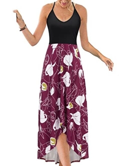 KILIG Women's V Neck Sleeveless Summer Asymmetrical Patchwork Floral Maxi Dresses