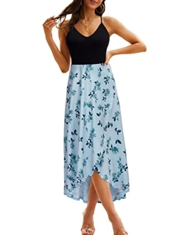 KILIG Women's V Neck Sleeveless Summer Asymmetrical Patchwork Floral Maxi Dresses