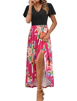 KILIG Women's V Neck Sleeveless Summer Asymmetrical Patchwork Floral Maxi Dresses