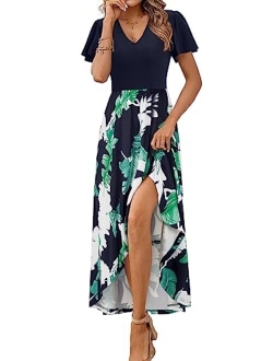 KILIG Women's V Neck Sleeveless Summer Asymmetrical Patchwork Floral Maxi Dresses