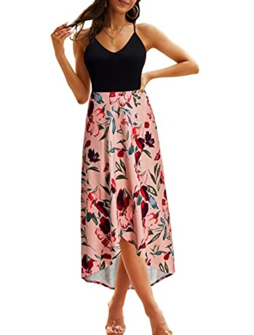 KILIG Women's V Neck Sleeveless Summer Asymmetrical Patchwork Floral Maxi Dresses