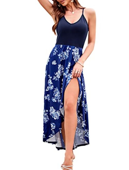 KILIG Women's V Neck Sleeveless Summer Asymmetrical Patchwork Floral Maxi Dresses