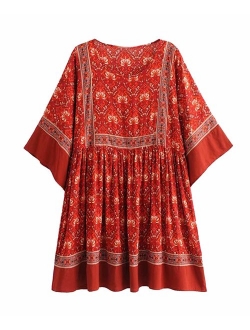 R.Vivimos Women's Summer Cotton Half Sleeve Casual Loose Bohemian Floral Tunic Dresses