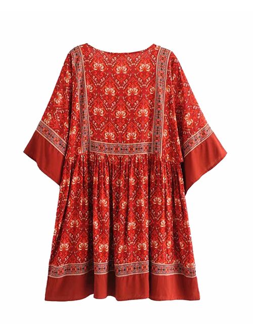 R.Vivimos Women's Summer Cotton Half Sleeve Casual Loose Bohemian Floral Tunic Dresses