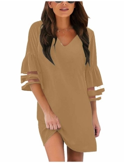 LookbookStore Women Casual Crewneck Mesh Panel 3/4 Bell Sleeve Loose Tunic Dress