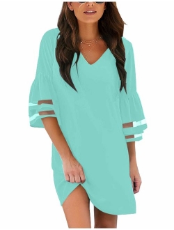 LookbookStore Women Casual Crewneck Mesh Panel 3/4 Bell Sleeve Loose Tunic Dress