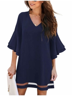 LookbookStore Women Casual Crewneck Mesh Panel 3/4 Bell Sleeve Loose Tunic Dress