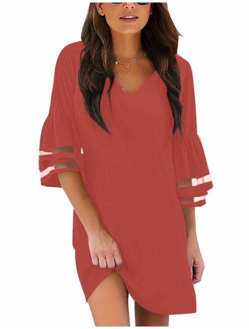 LookbookStore Women Casual Crewneck Mesh Panel 3/4 Bell Sleeve Loose Tunic Dress