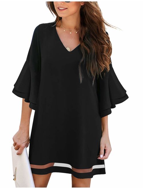 LookbookStore Women Casual Crewneck Mesh Panel 3/4 Bell Sleeve Loose Tunic Dress