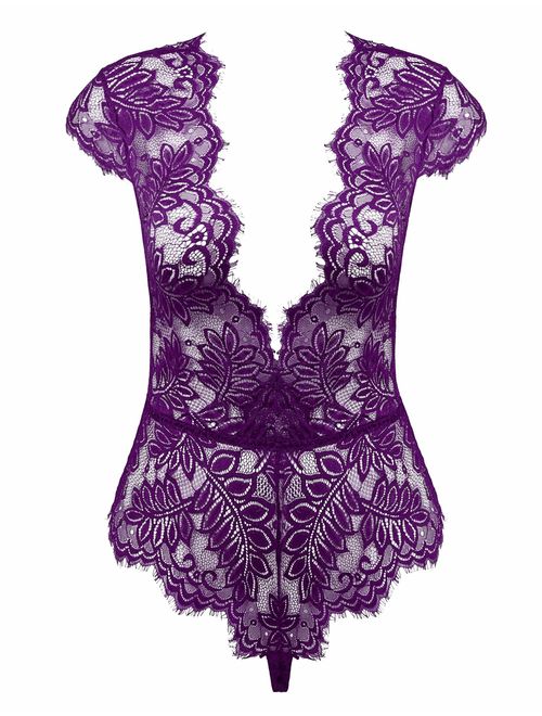 Amorbella Womens Eyelash Lace Teddy Sexy Plunging One Piece Lingerie Small-3xl