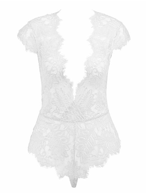 Amorbella Womens Eyelash Lace Teddy Sexy Plunging One Piece Lingerie Small-3xl