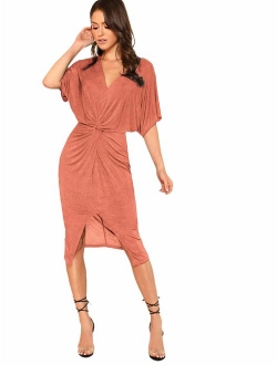 Women's Short Sleeve V Neck Twist Front Split Midi Dress