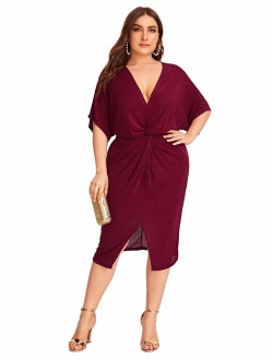 Women's Short Sleeve V Neck Twist Front Split Midi Dress