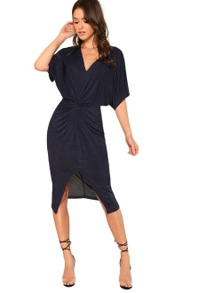 Women's Short Sleeve V Neck Twist Front Split Midi Dress