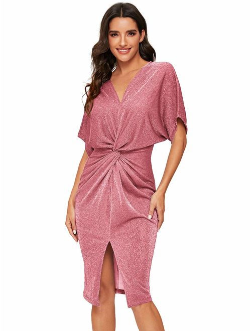 Floerns Women's Short Sleeve V Neck Twist Front Split Midi Dress