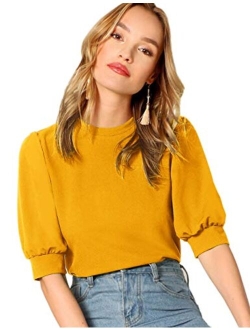 Women's Puff Sleeve Casual Solid Top Pullover Keyhole Back Blouse