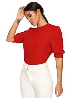 Women's Puff Sleeve Casual Solid Top Pullover Keyhole Back Blouse