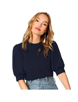 Women's Puff Sleeve Casual Solid Top Pullover Keyhole Back Blouse