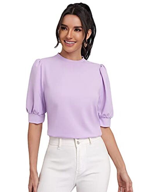 SheIn Women's Puff Sleeve Casual Solid Top Pullover Keyhole Back Blouse