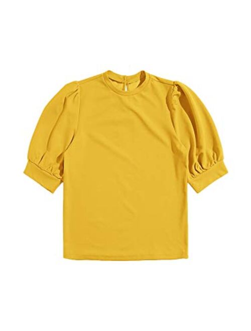 SheIn Women's Puff Sleeve Casual Solid Top Pullover Keyhole Back Blouse