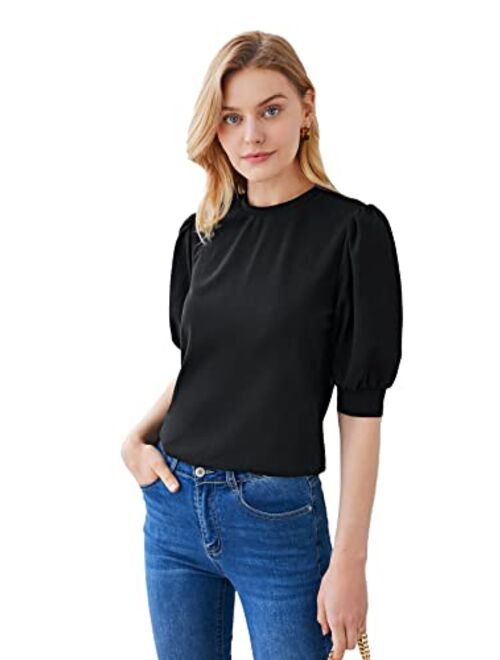 SheIn Women's Puff Sleeve Casual Solid Top Pullover Keyhole Back Blouse