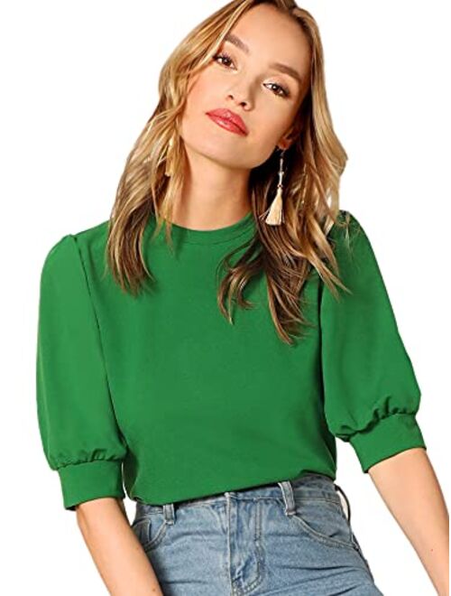 SheIn Women's Puff Sleeve Casual Solid Top Pullover Keyhole Back Blouse